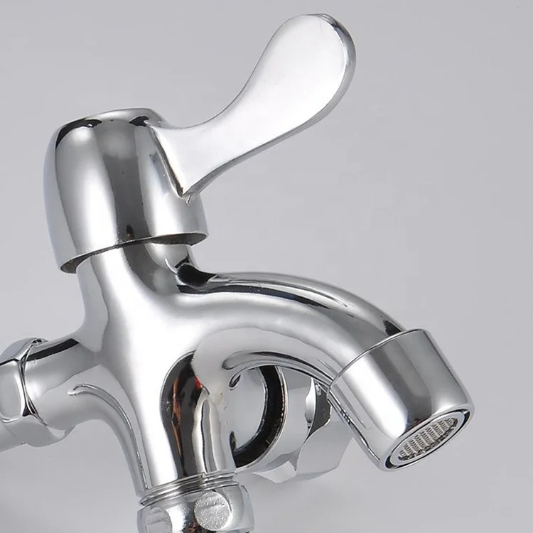 Double Head 1 In 2 Out Two Way Dual Handle Wall Water Tap Faucet