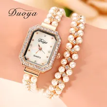 Duoya Marca Women Bracelet Watch Mulheres Jóia da Pérola do Ouro de Aço relógio de Pulso