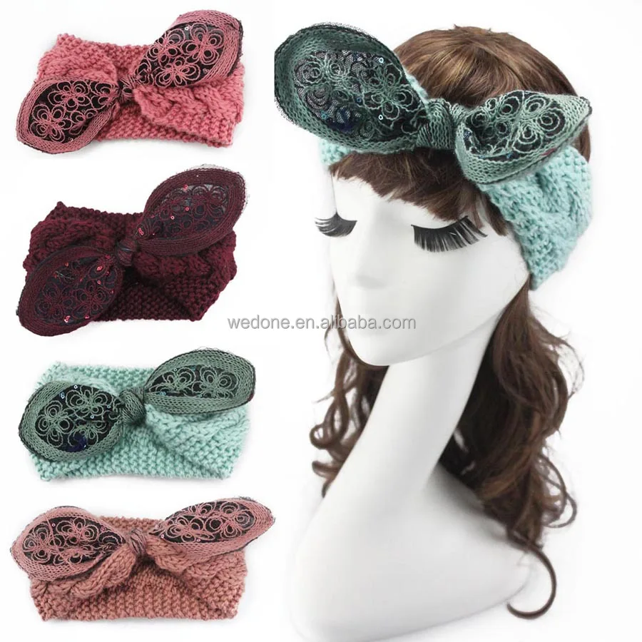 Оптовая продажа акриловые вязаные крючком повязки на голову ручной работы повязка с ушками кролика