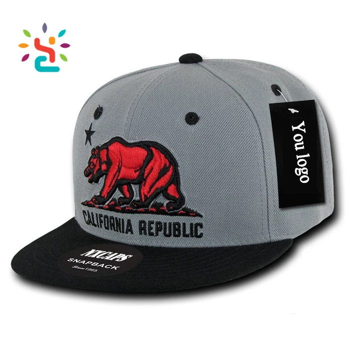 Hit color Snapback Cap with bear 2D embroidery patch California Republic 6 panel two tone baseball cap