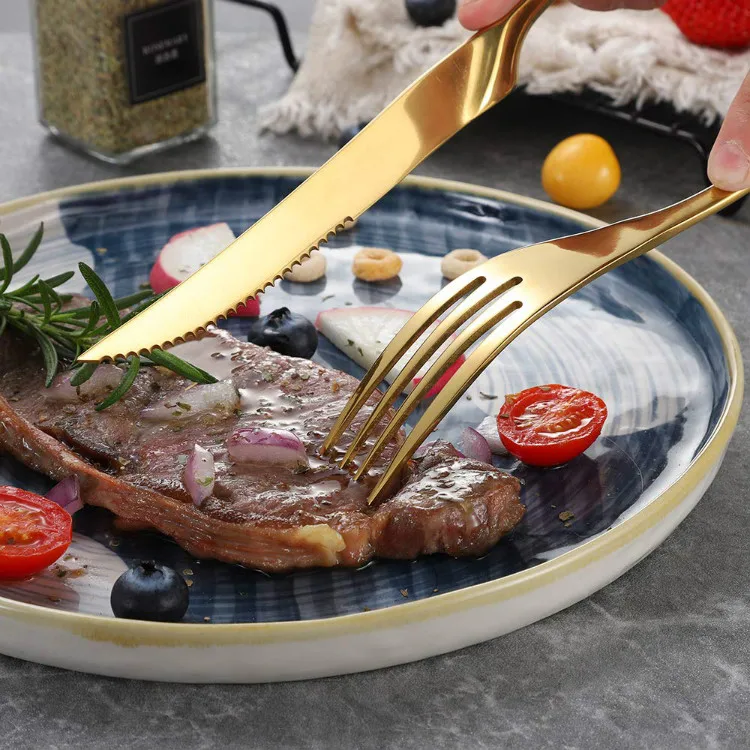 
304 Stainless Steel Food Grade Metal Reusable Restaurant Chef Kitchen Cheese Custom Cutter Serrated Gold Steak Knife Set 