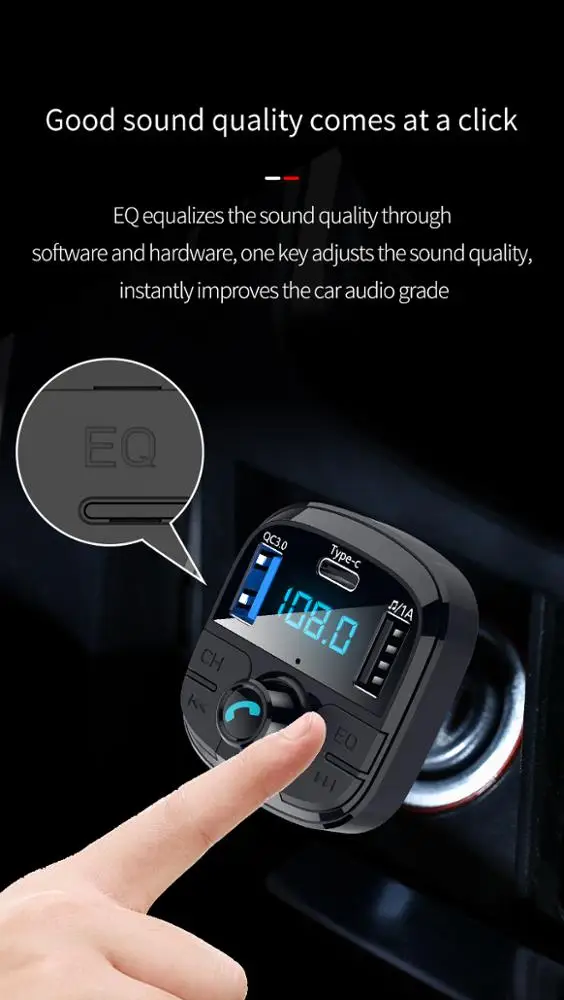 New Upgrade One-click EQ Sound Regulation  BT 5.0 Dual USB Type C Fast Charging    BT29  Fm Transmitter Car Kit