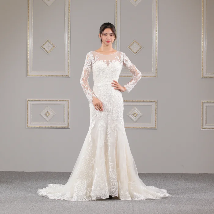 Arabic Wedding Gowns Long Sleeve Luxury Lace Mermaid Muslim Wedding Dress WT378