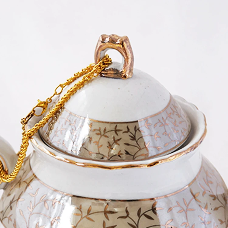 New Luxury Restaurant Drinkware Ceramic Tea Pot 8 Inch Coffee Color Gold Leaf Porcelain Tea Pot & Kettles