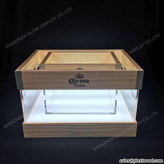 LED Lighted Acrylic Wood Corona Extra Light Beer Ice Bucket with Metal Corners