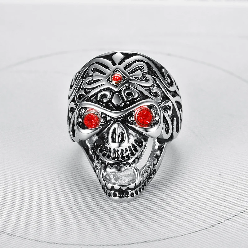 Size 7-15 Punk 316L Stainless Steel Skull Skeleton Evil Eyes with Red Zircon Finger Ring for Men Fashion Jewelry