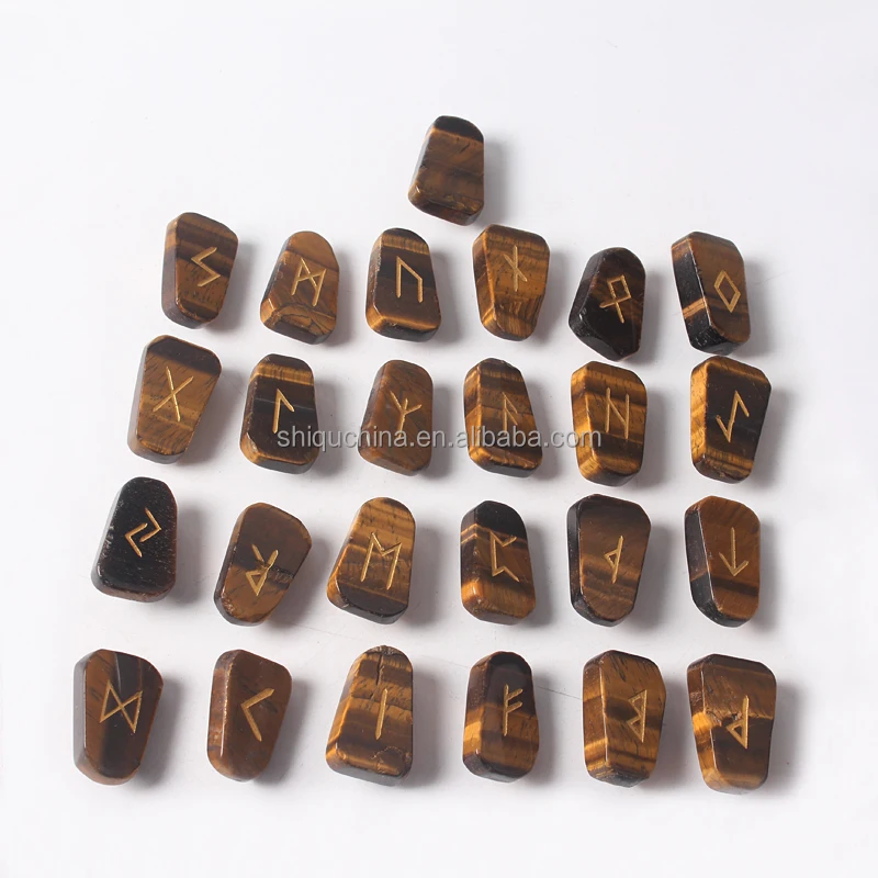 New product natural tiger eye material engraved gold rune three size 25pcs set with velvet bag rune stone divination