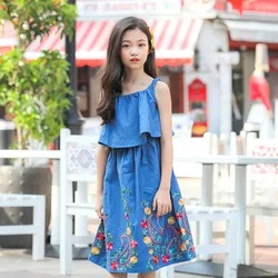 Vintage Teen Girls Summer Casual Dress Blue cowboy embroidery kids girl dress