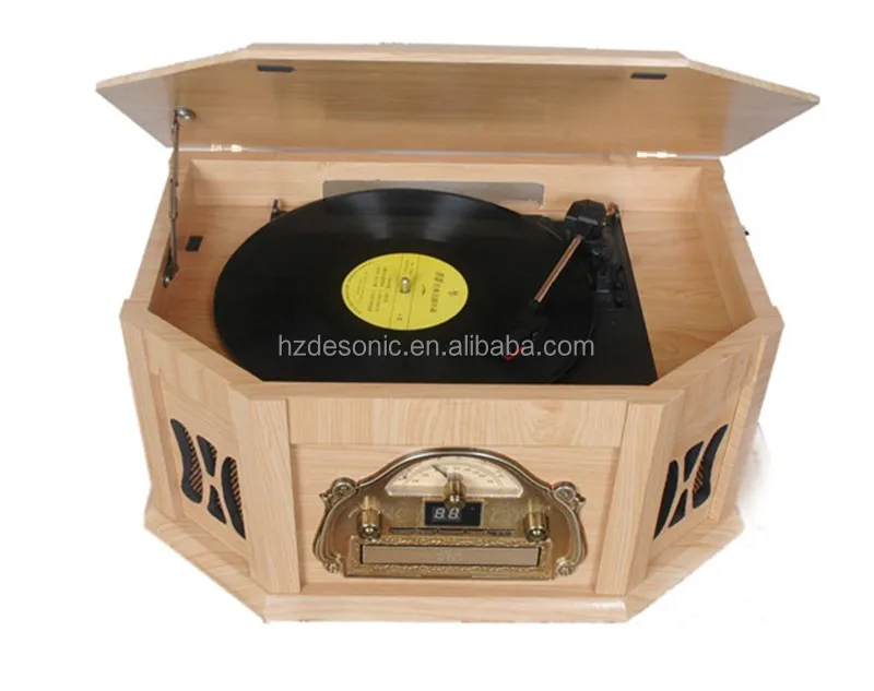 wooden vintage vinyl turntable jukebox with 3 speed lp record pressing