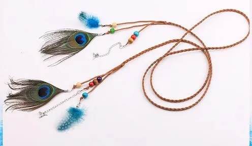 WIIPU Black Nubuck Leather Braided BOHO Belt Headband Wrap Beaded Feather Accessorie