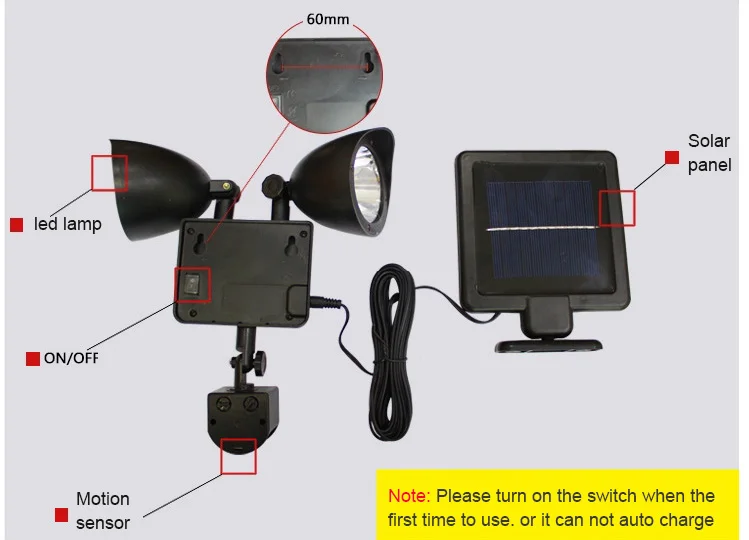 Solar Motion activated lamp outdoor wall light for garden fence and backyard Motion sensor wall light 2W split with 5m lead wire