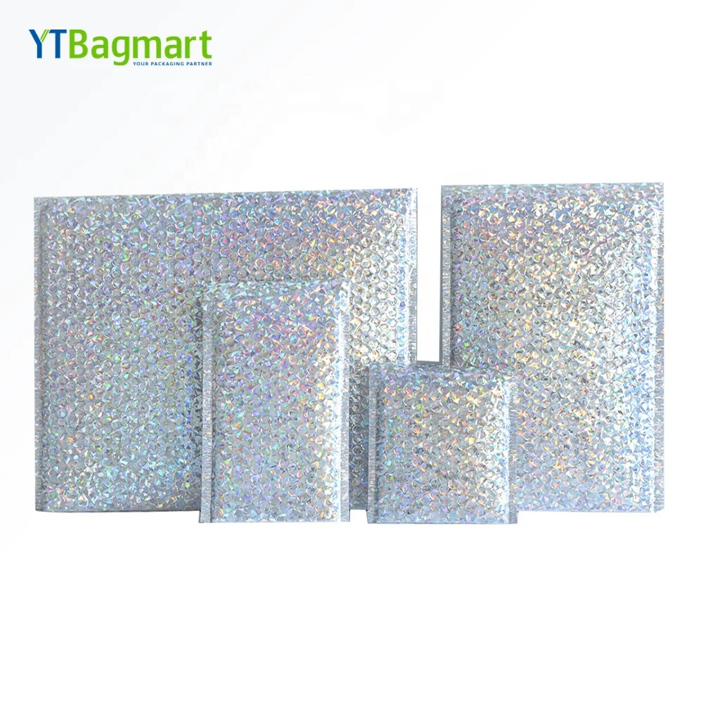 Оптовая продажа, радужные блестящие металлические конверты из пузырчатой фольги, роскошные голографические поли-конверты