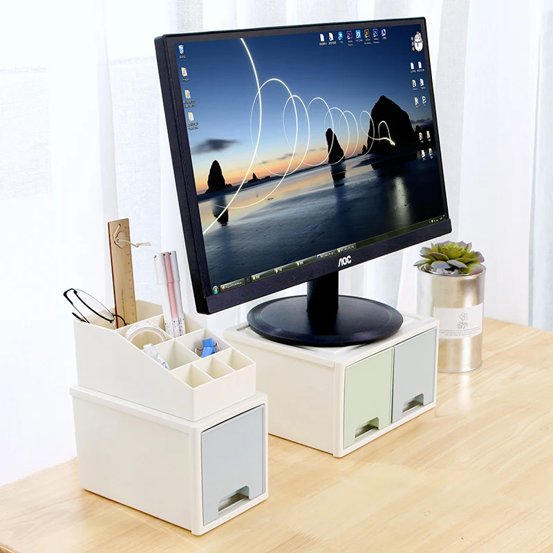 Multifunctional Plastic Desktop Computer Monitor Stand Riser with Drawers