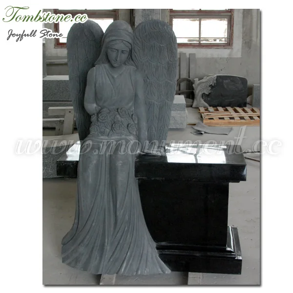 
Granite Angel Monuments, Headstone with angel statue and roses 