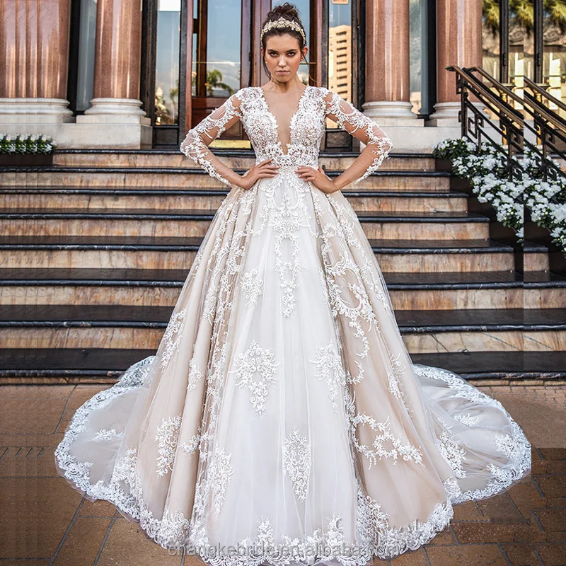 
2018 Muslim long sleeves wedding dress bridal gown 