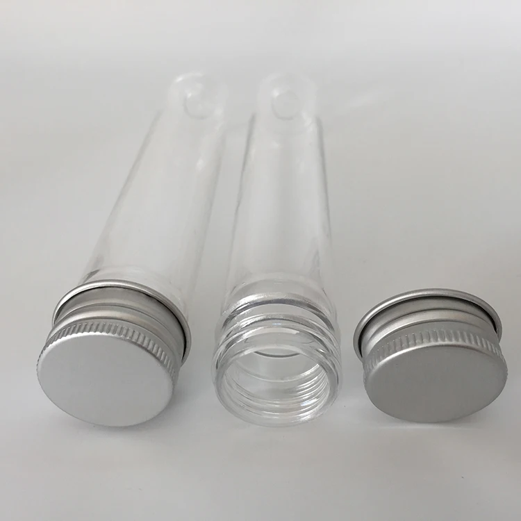 Customize flat bottom plastic PET 2 oz 65ml transparent test tube container with aluminum screw cap pressure sensitive seal