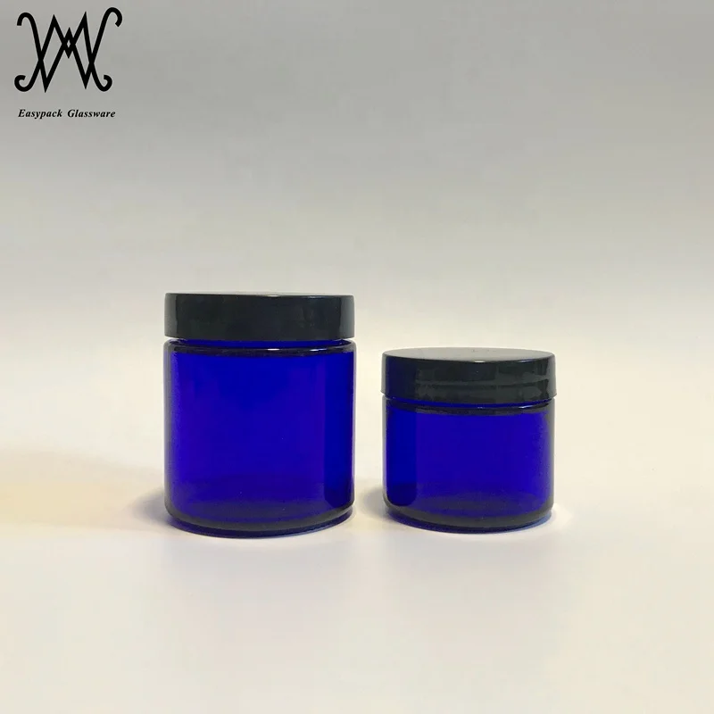 4 oz cobalt blue glass straight sided cosmetic jar with black plastic lined screw lid