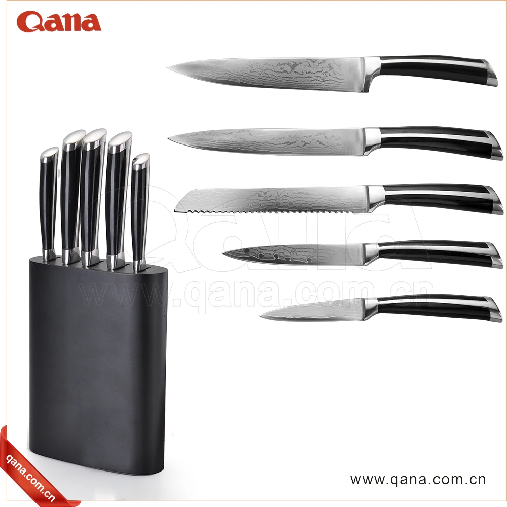 QANA Factory Wholesale OEM New Design Lazer Damascus stainless steel kitchen chef cleaver knife set with wooden block