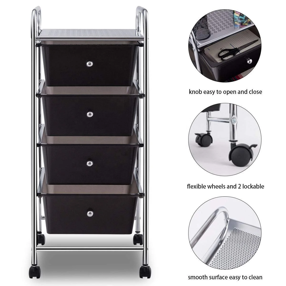 OEM 550-74 Home Organizer 4 tier Plastic Drawers Utility Metal Storage Cart on Rolling Wheels black