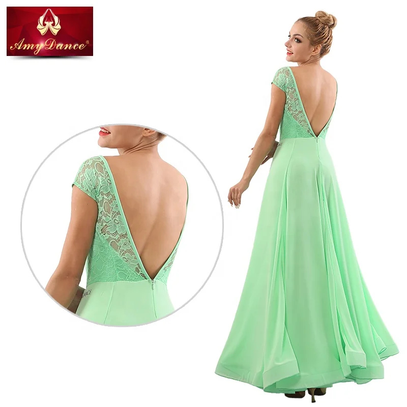 
Elegant large hem lace short sleeves long professional practice modern ballroom dance wear women ballroom dance dress 