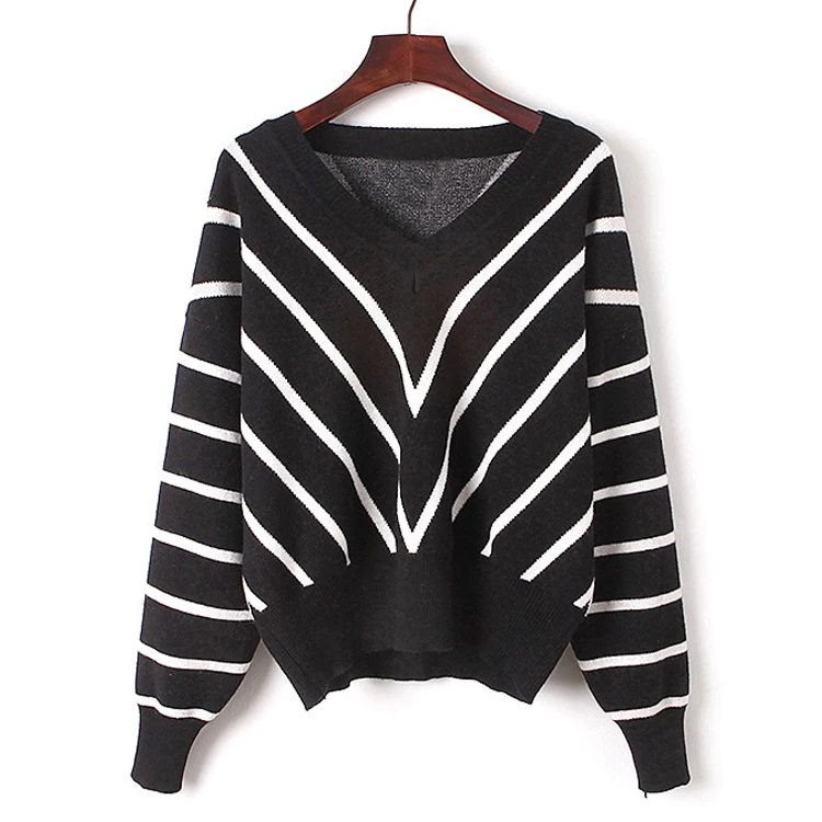 Stock top brand jumper full body stripe sweater woman v-neck and long sleeves