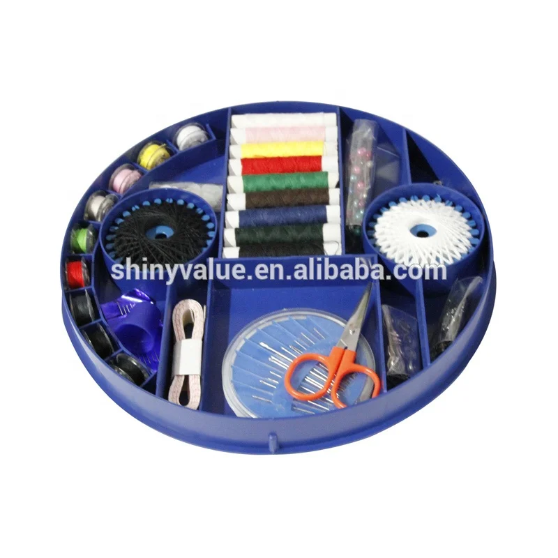 Complete Sewing Kit Box with 75pcs Accessories Big Blue round Plastic for Hand Sewing and Knitting for Office or Christmas