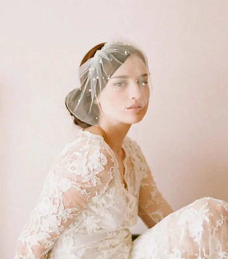 
Half pearl bride cover veil custom wholesale soft net wedding short veil brigade wedding dress veil accessories 