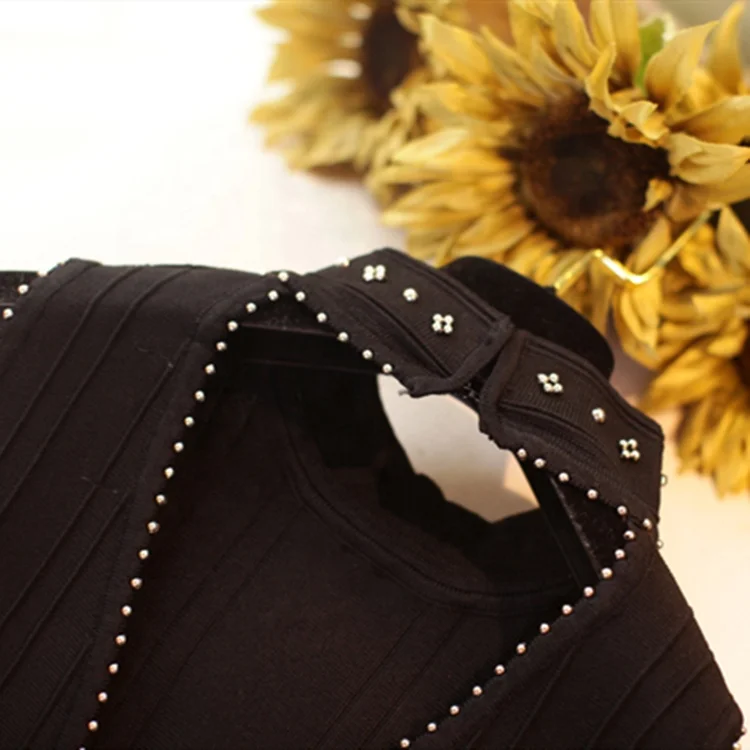 Custom Elegant Lady Sleeveless Beading Bandage O-neck Solid Color Sexy Club Mini Black Dress Women Evening Party Dress