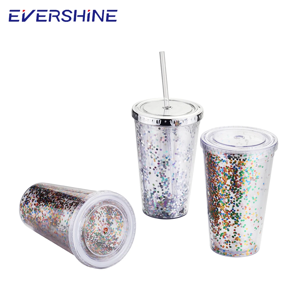 Promotional eco friendly wine coffee clear reusable custom 16oz glitter tumbler cups double wall plastic tumbler with straw
