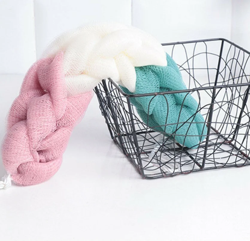 Free Shipping Rope Handles Sponge Exfoliating Body Scrub Stretch Braided Loofah Bath Shower Mesh