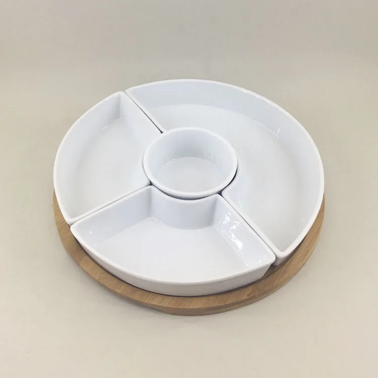 Tableware revolving divided white round shape ceramic tapas serving dishes dish set with lazy susan