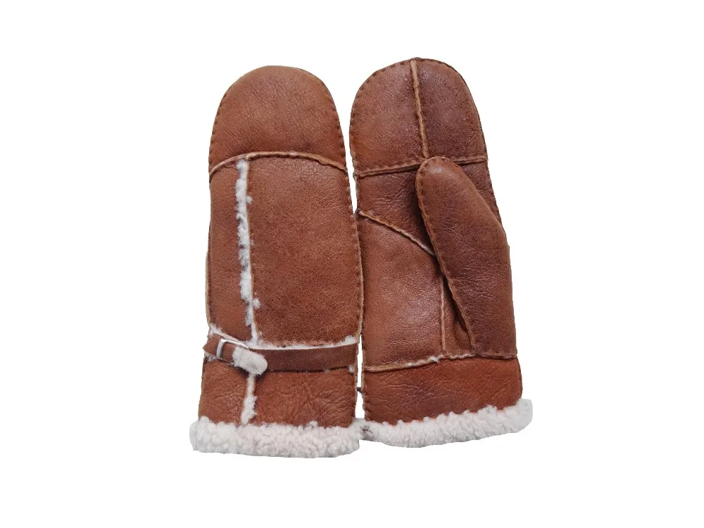 Wholesale Cheap Handsewn Patched Shearling Sheep Fur Lined Women Gloves Winter Warm Lambskin Scrap Leather Ladies Mittens Gloves