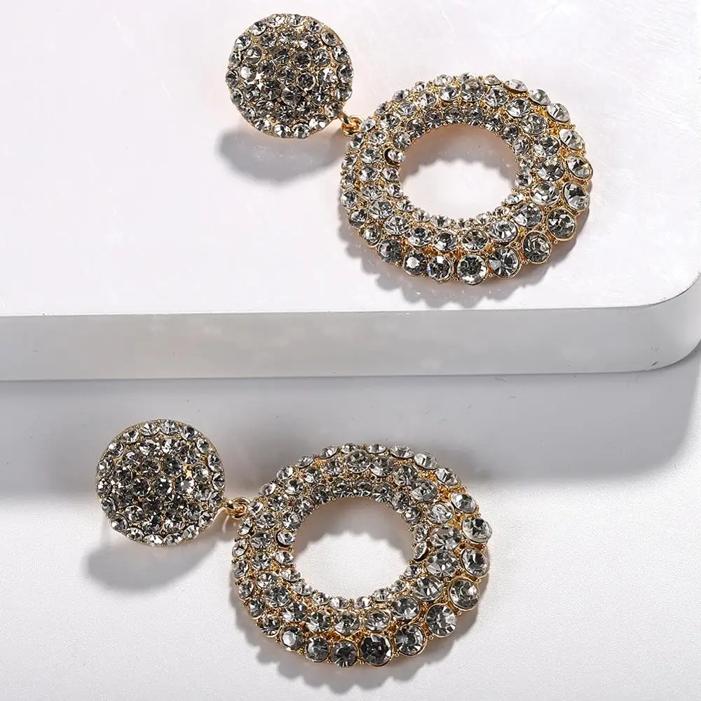 
Barlaycs Fashion Statement Vintage Korean Bridal Gold Pleated Bling Crystal Rhinestone Hoop Channel Earrings for Women 