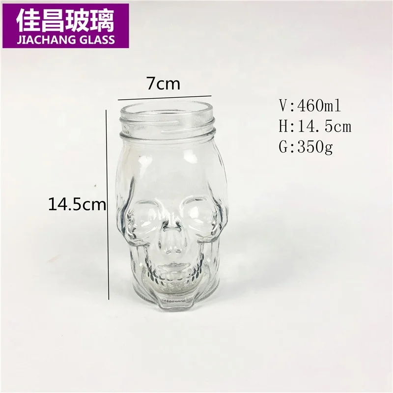 High Quality Skull Shaped Glass Mason Jar 15 oz with Lid and Straw Drink Cup