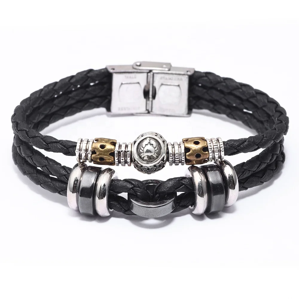 Alloy Charm Leather Zodiac Bracelet Adjustable Metal Buckle 12 Constellations Leather Wrap Bracelets