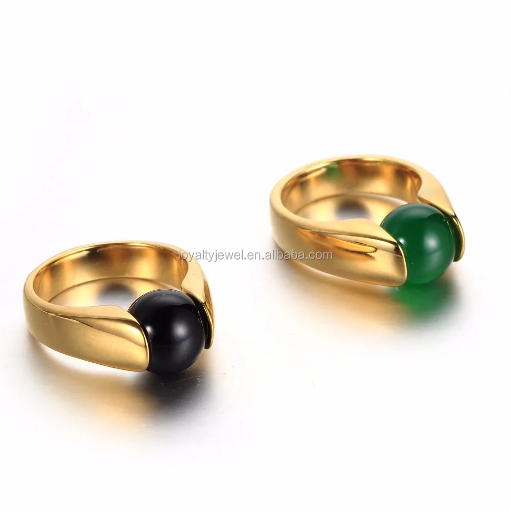 New Arrival stainless steel gold plated interchangable ball shape green and black stone rings