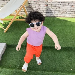 2019 летняя одежда для мальчиков и девочек, рубашка для бега, детский жилет, однотонная воздушная футболка без рукавов для малышей, одежда