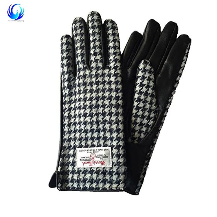 Ladies Black Dogtooth Genuine 100% Harris Tweed & Leather Gloves