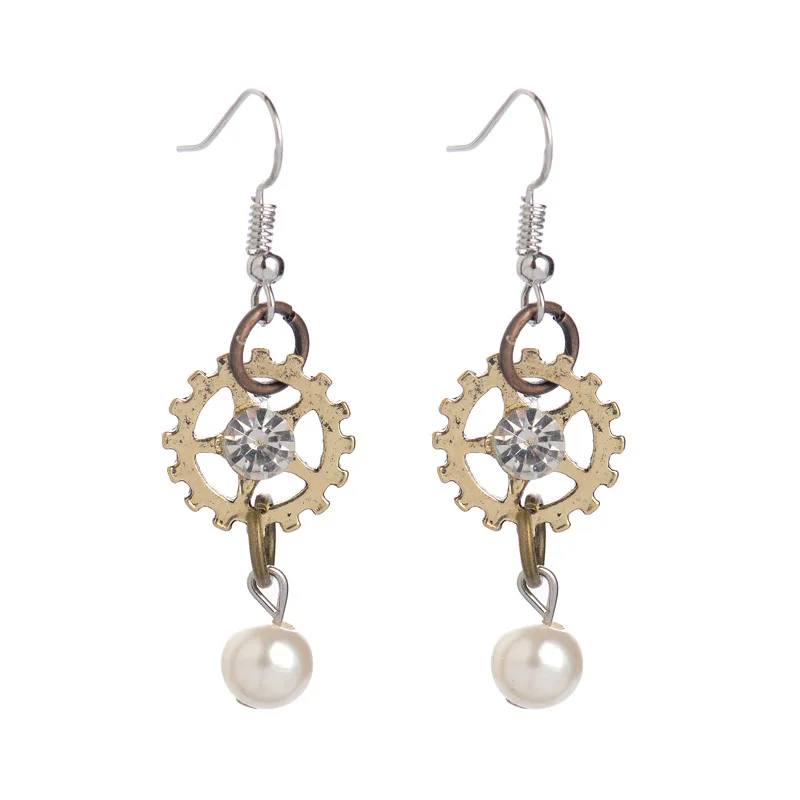 Fashion Ethnic Round Gears Crystal Pearl Dangle Earrings For Women Steampunk Ear Vintage Gold Silver Steam Punk Jewelry