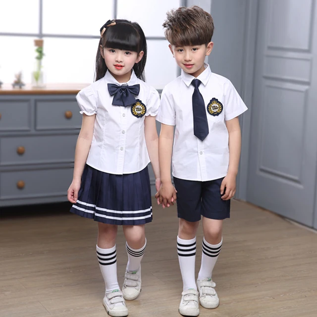 2pcs Sest Shorts Dress Short Sleeve White Blouse School Uniforms Design with Skirts Shirt Kindergarten Primary Boys and Girls