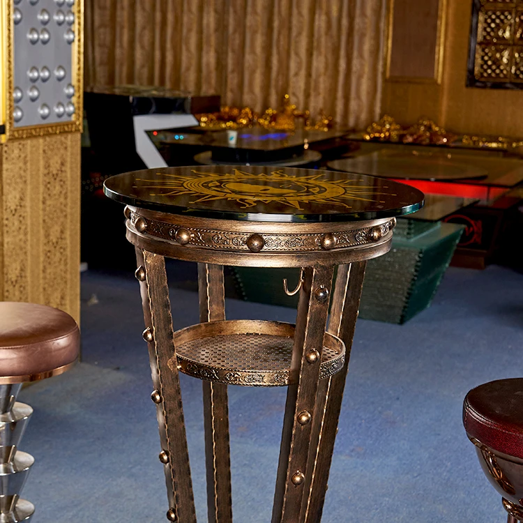 
antique brass Custom pattern table top metal bar table legs night club KTV bar cocktail tablePub Vintage Golden Metal Round Bar 