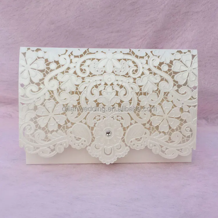 
Classic Ivory Pearl Light paper Emobossing and Laser Cut Lace Wedding Invitation 