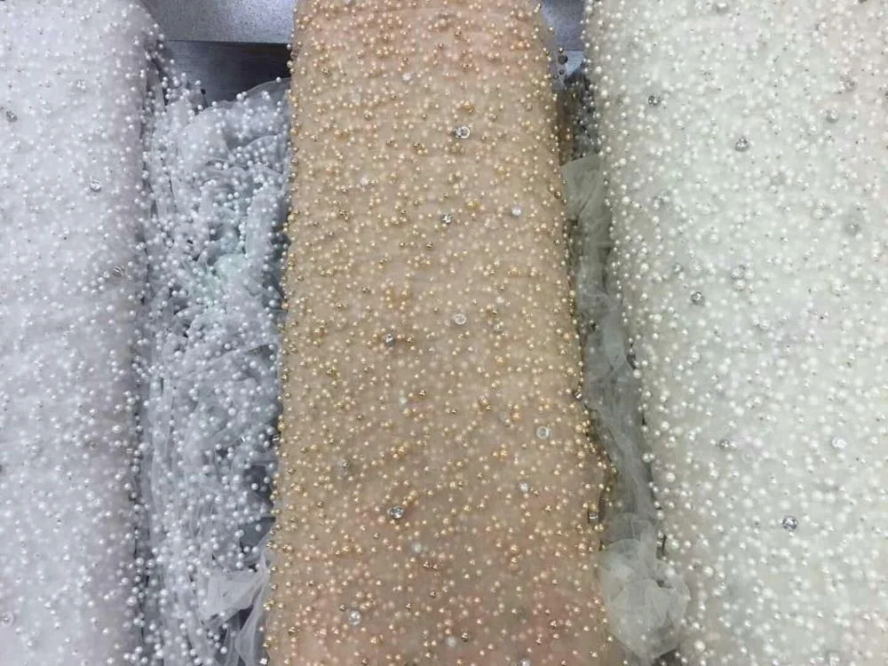 latest fashion french crystal beaded pearl lace fabric for wedding dress