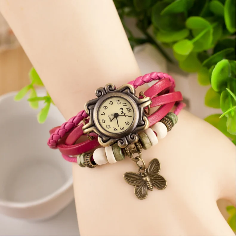 2021 High Quality Women PU Leather Vintage Watches,Women dress bracelet Wristwatches butterfly Pendant RW01