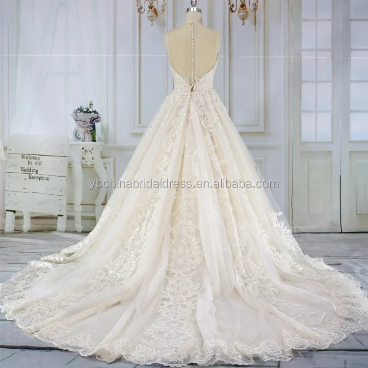 Luxury big skirt with french lace and button zipper back ball gown wedding dress
