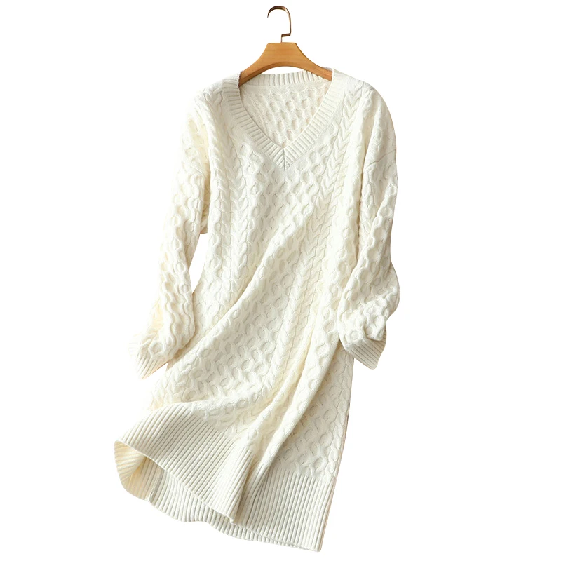 Fashion above knee length dress winter pure cashmere dress solid color womens dresses