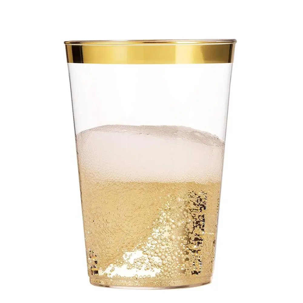 
100 Gold Plastic Cups 10 Oz Clear Plastic Tumblers Gold Rimmed Fancy Disposable Wedding Elegant Party with Gold Rim 
