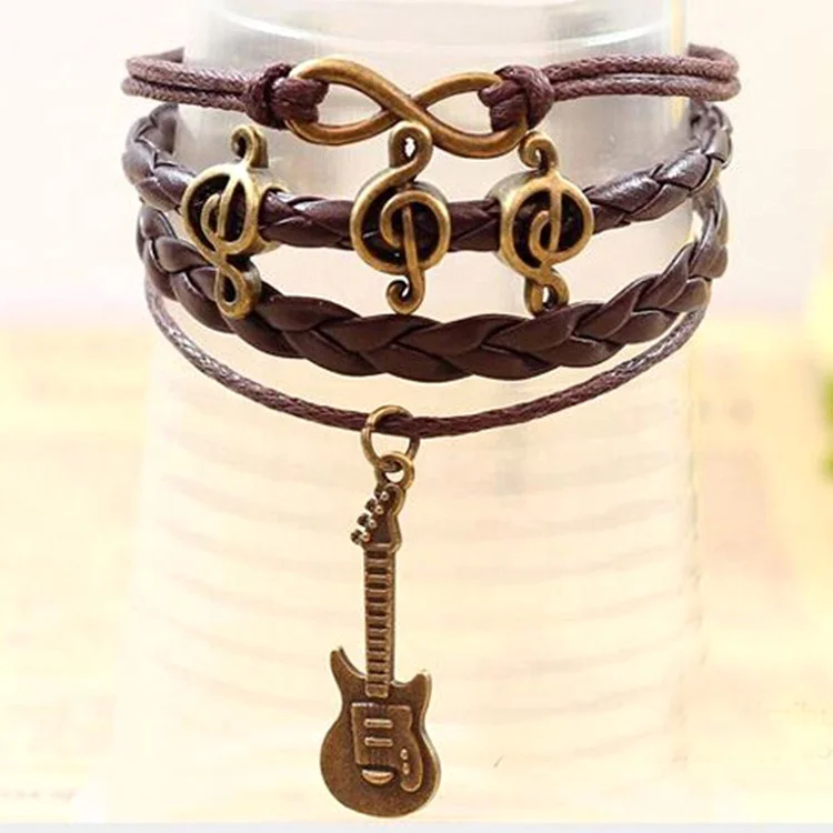 Musical Note Symbol Guitar Charms Leather Ropes Braided Multilayers Bracelets for men women