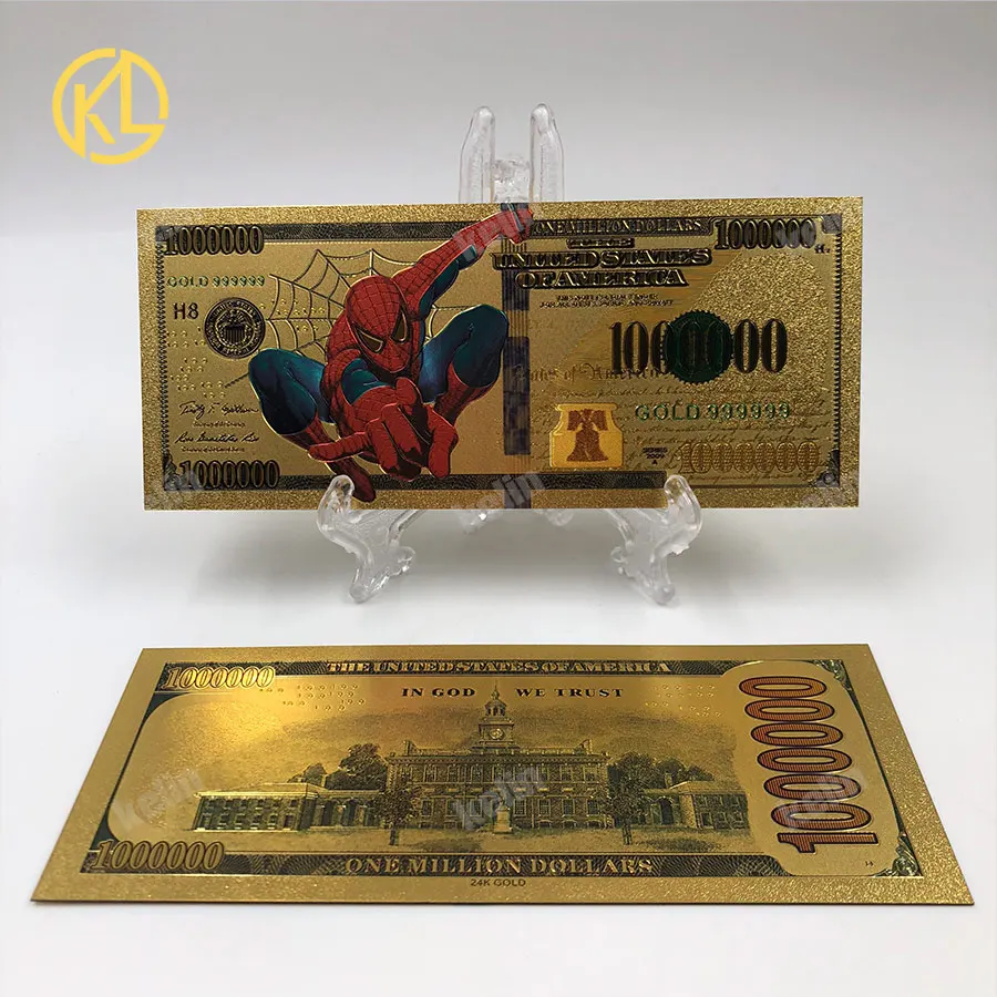 KL 1000000 US dollar Gold 999999 Plastic money Banknote for SpiderMan fans collection and gifts