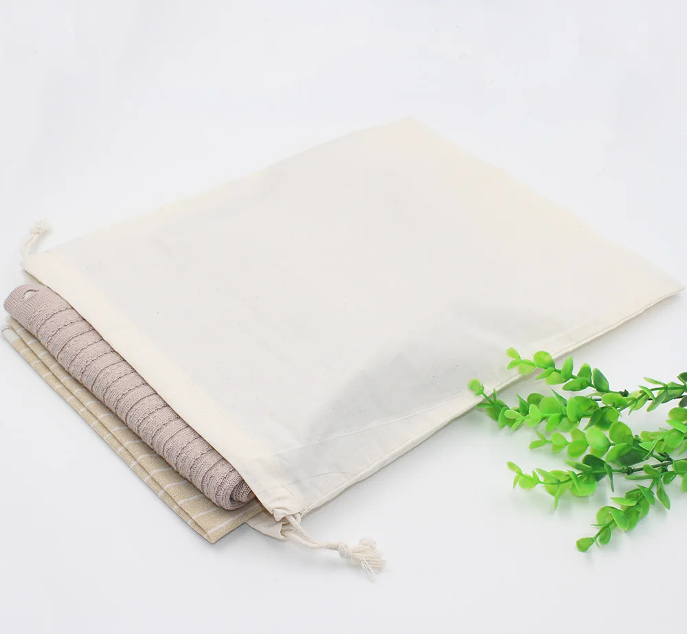 130g Natural Pure White Cotton Eco Drawstring Pouch Packaging Gift Bag Logo Printed Jewelry Bag
